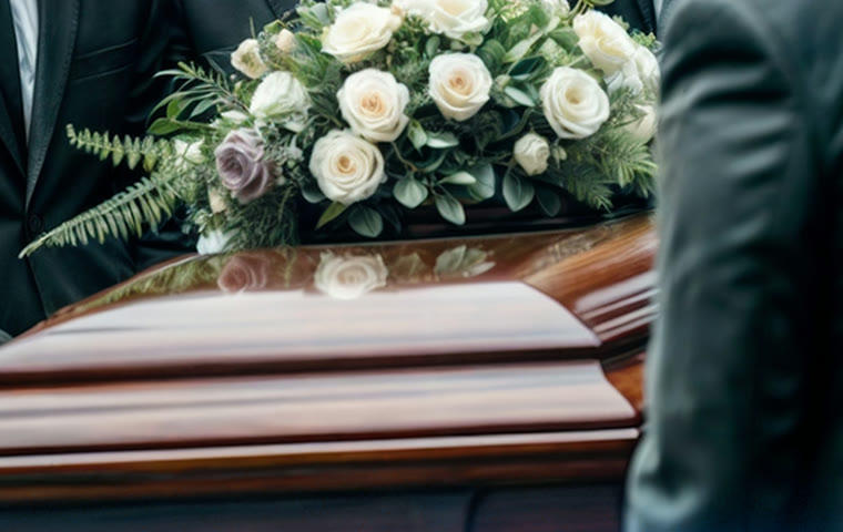 White roses resting on a polished casket at a graveside service